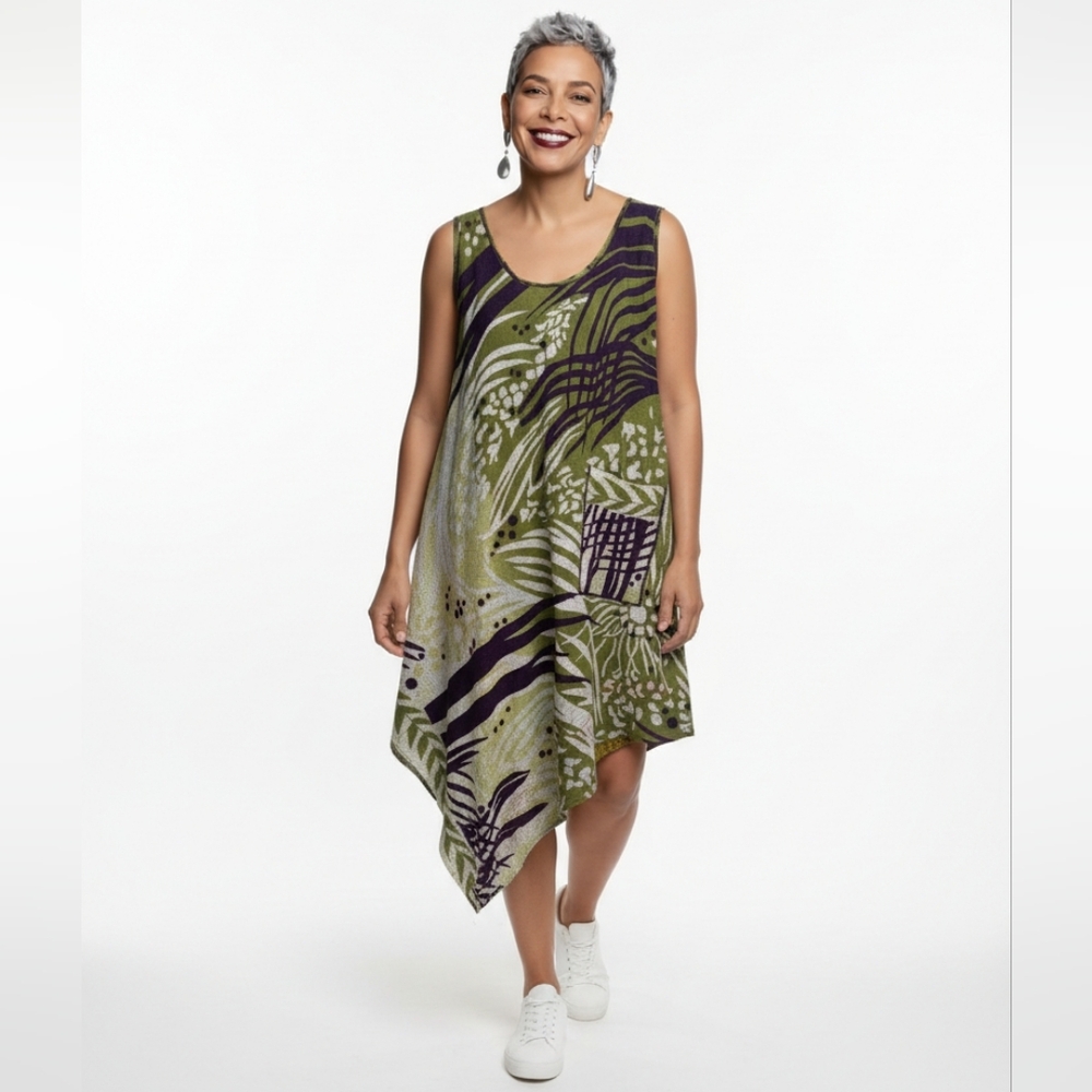 Mieko Mintz Reversible Floral Kantha Cotton Asymmetric Sleeveless Dress 12-16